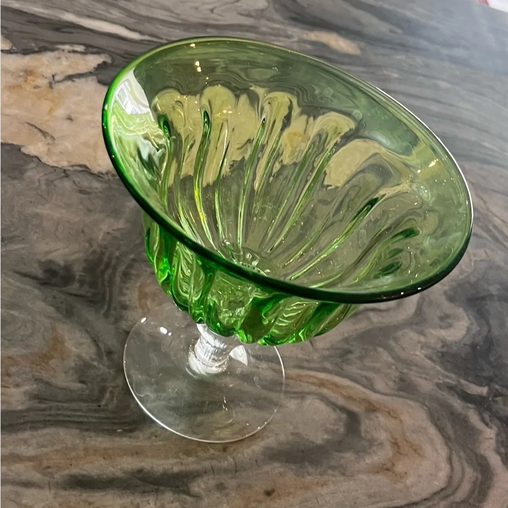 Hand Blown Green Fluted Compote Bowl Italy